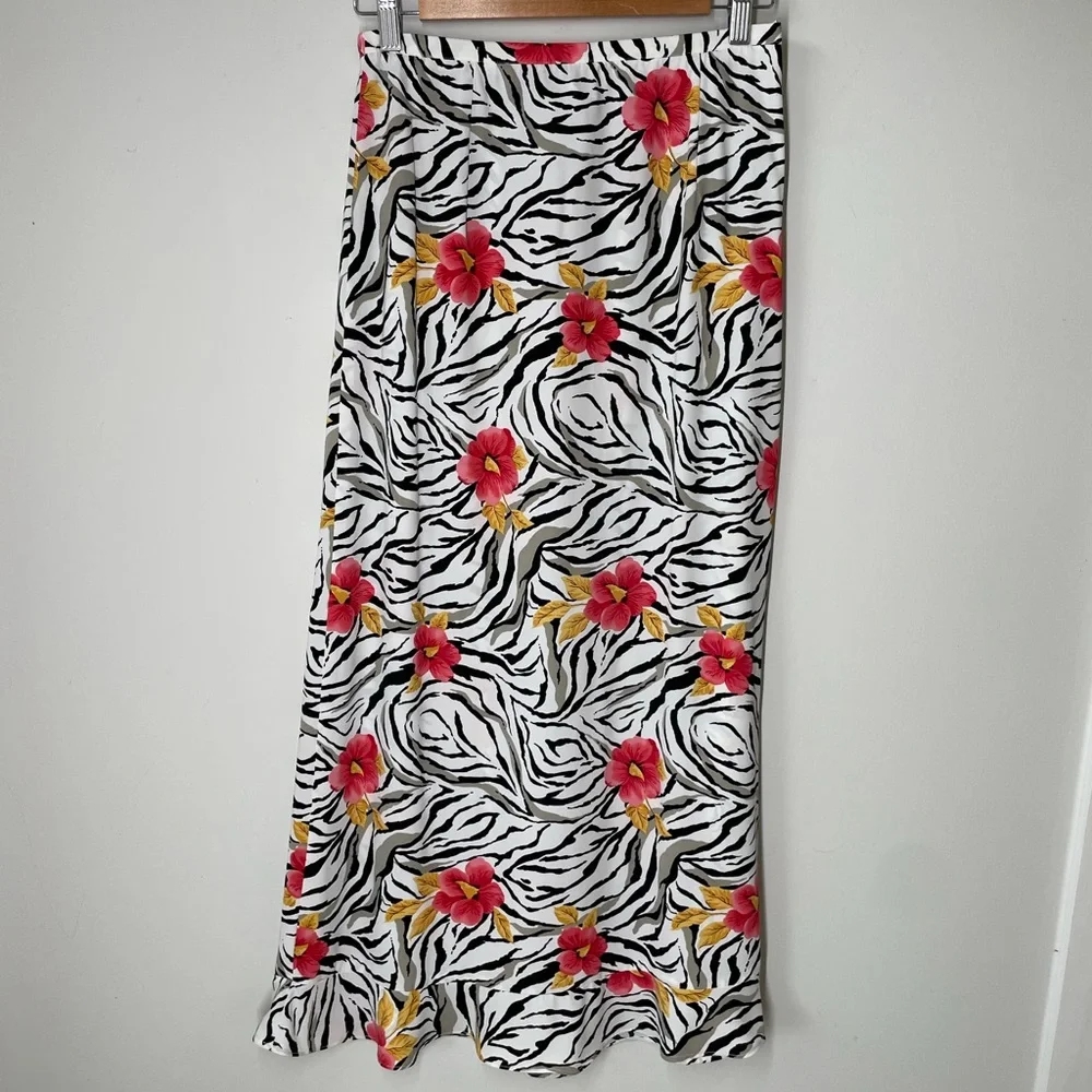 Anna S White Zebra Floral Tropical Hawaiian MIDI Skirt